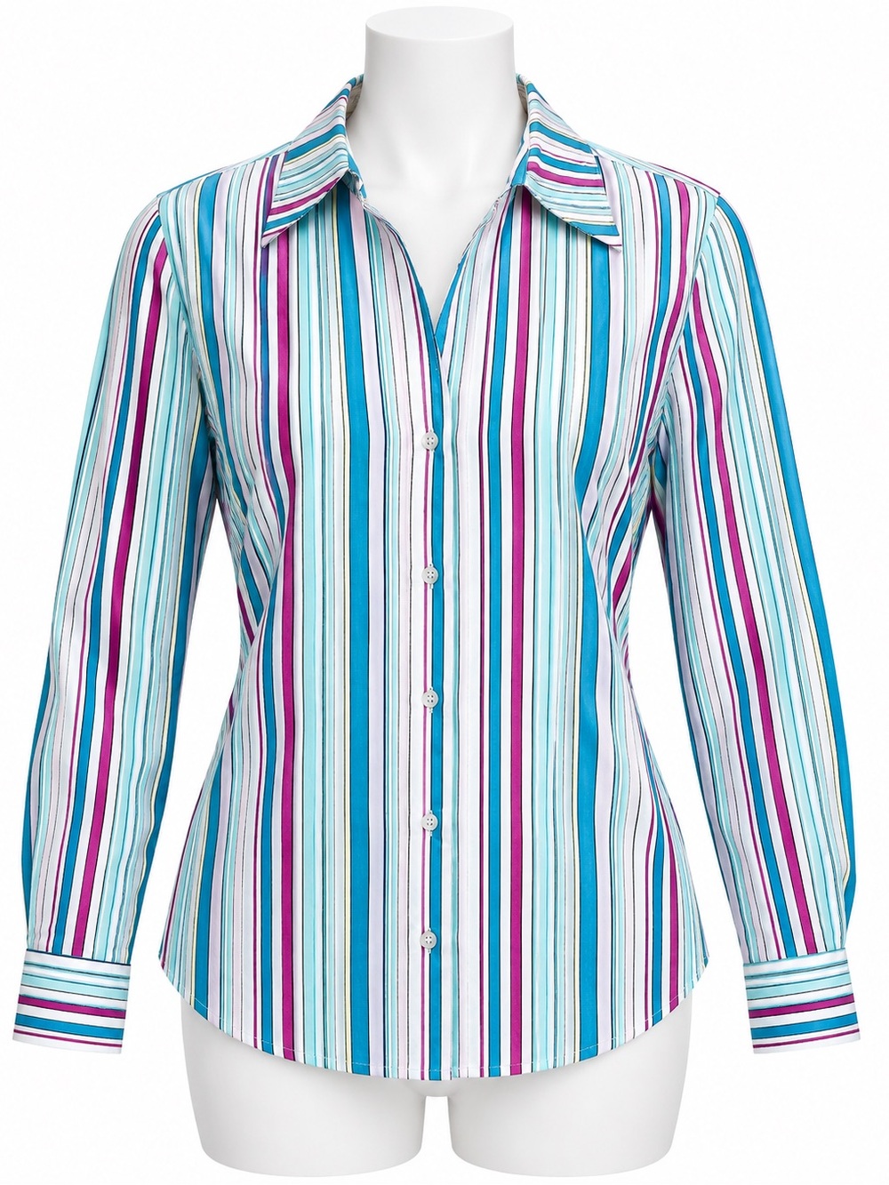 bill blass Candy Striped Button-Down Shirt in Blue, Pink, Teal, and White-sz M